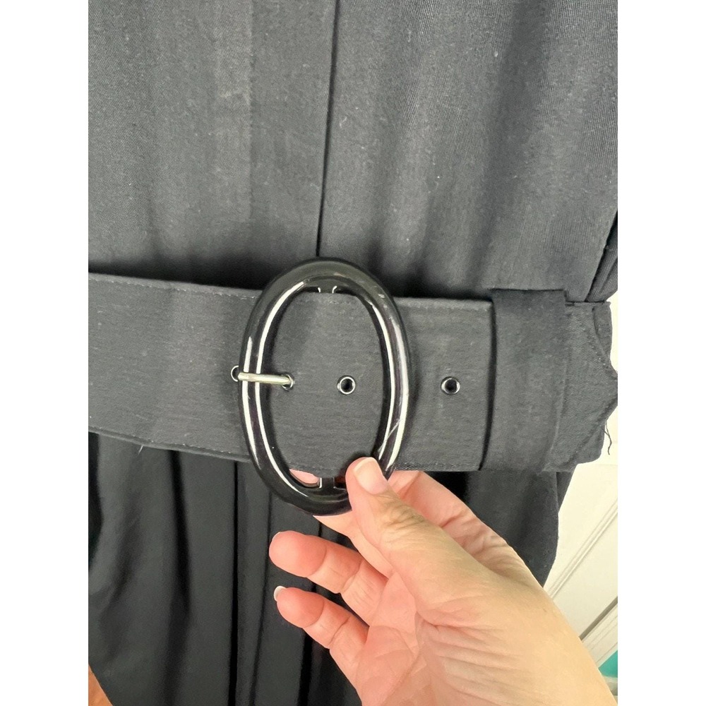 80s Black Belted Midi Dress Pockets Minimalist Career USA Womens 10 - Picture 4 of 10